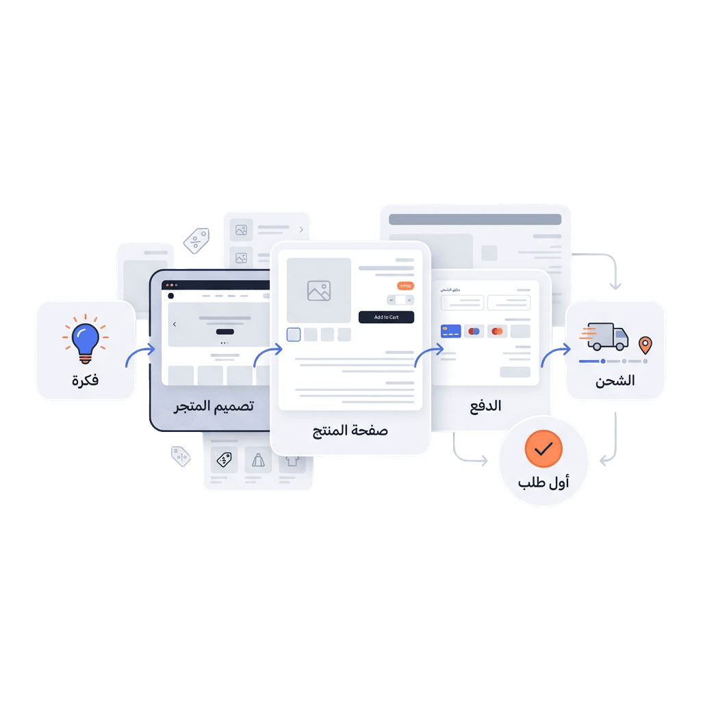 مسار إنشاء المتجر الإلكتروني من الفكرة إلى أول طلب - تصميم المتجر وصفحة المنتج والدفع والشحن