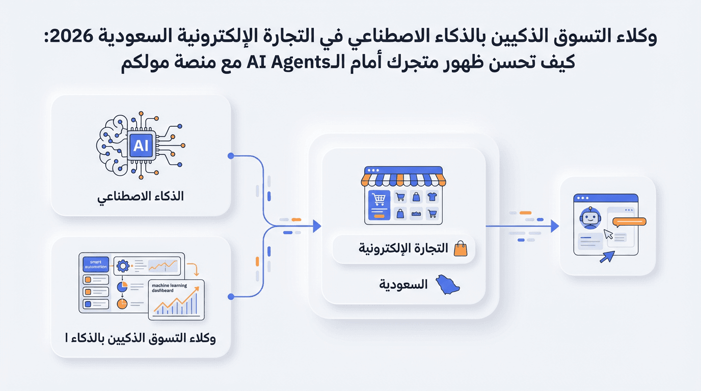 وكلاء التسوق الذكيين بالذكاء الاصطناعي في التجارة الإلكترونية السعودية 2026: كيف تحسن ظهور متجرك أمام الـAI Agents مع منصة مولكم