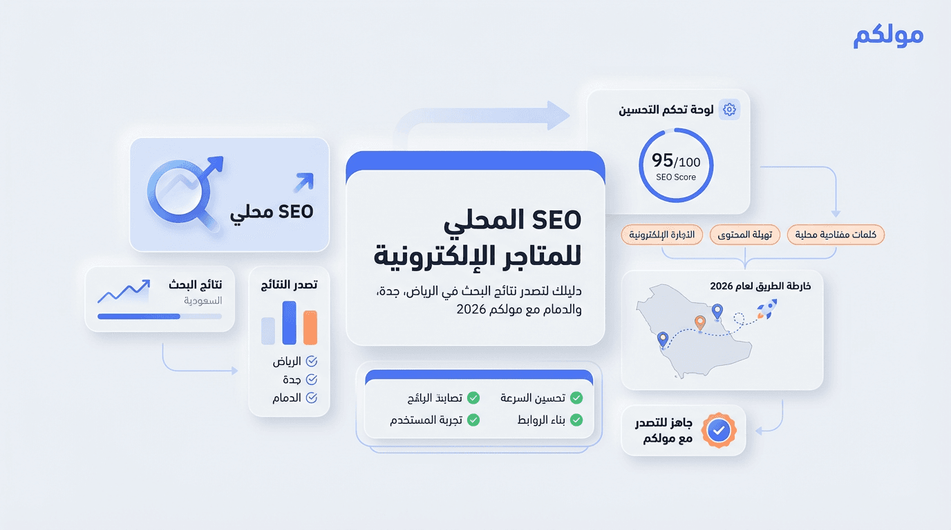 SEO المحلي للمتاجر الإلكترونية في السعودية 2026: دليلك لتصدر نتائج البحث في الرياض، جدة، والدمام مع مولكم